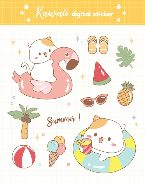 Vector cute digital sticker summer cat