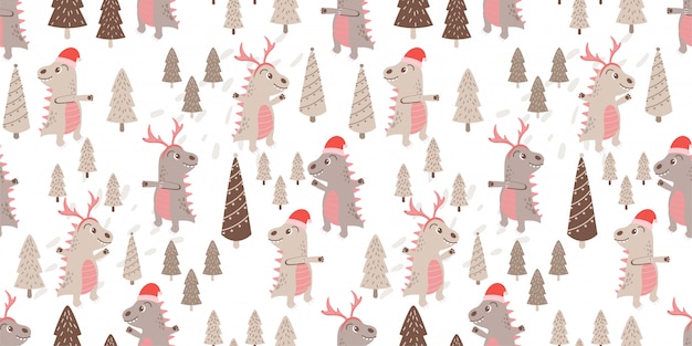 Cute dino animal seamless pattern doodle winter theme