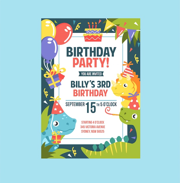 Vector cute dino birthday party invitation card templates for kids