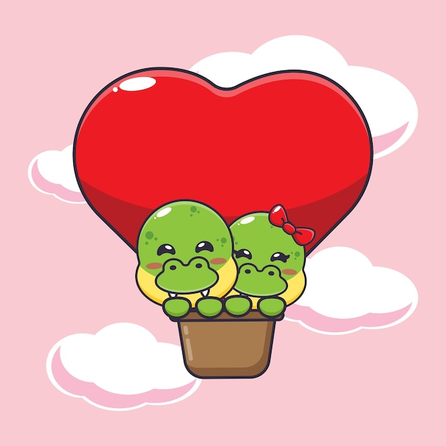 Cute dino cartoon character fly with air balloon in valentines day.