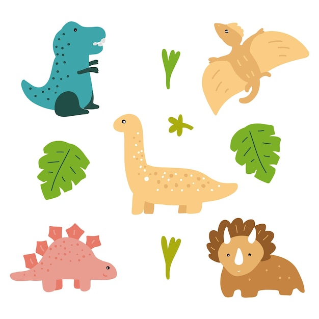 Cute dino characters set Jurassic cartoon dinosaurs vector illustration Brontosaurus tyrannosaurus t rex stegosaurus pterodactyl diplodocus