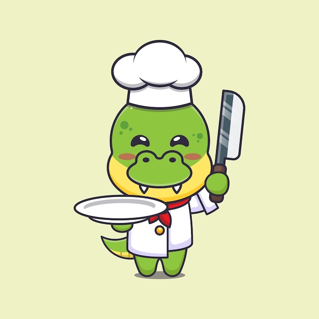 칼과 접시와 귀여운 디노 요리사 마스코트 만화 캐릭터