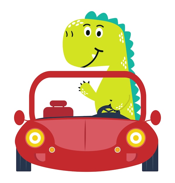 Cute dino drive funny car cartoon