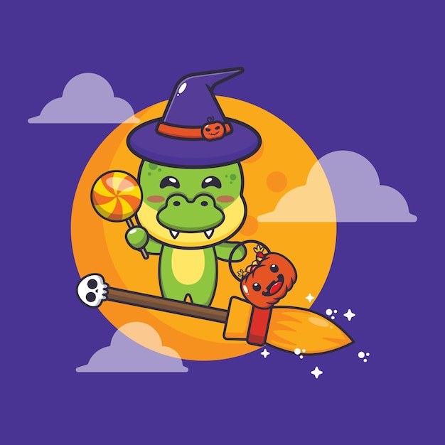 Cute dino fly with broom in halloween night. 
cute halloween cartoon illustration.