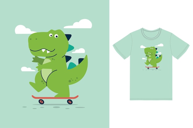 Cute dino playing skateboard illustration with tshirt design premium vector