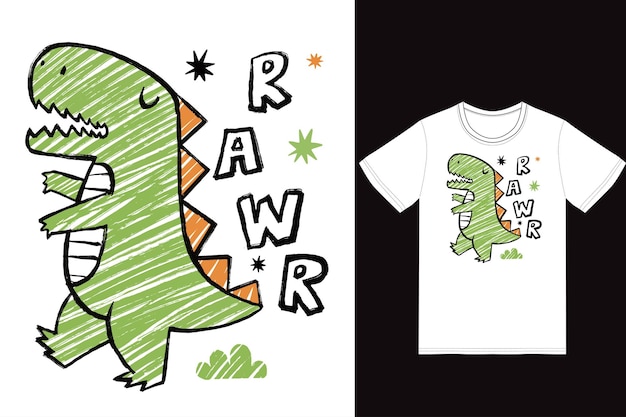 Симпатичная иллюстрация динозавра rawr с дизайном футболки премиум-вектор