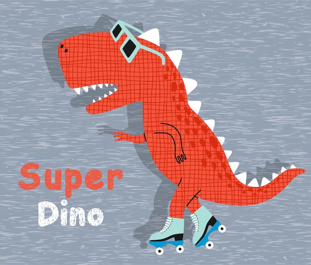 Симпатичный динозавр на роликах. для детской футболки с принтом.