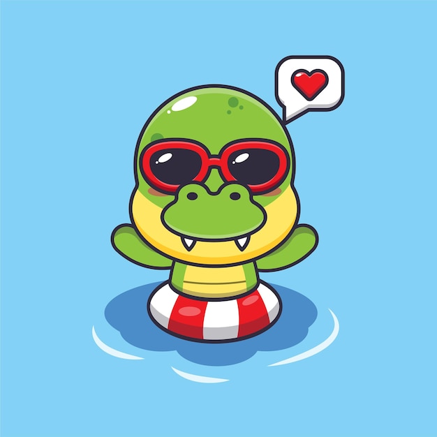 Cute dino in sunglasses swimming on beach cartoon illustration.