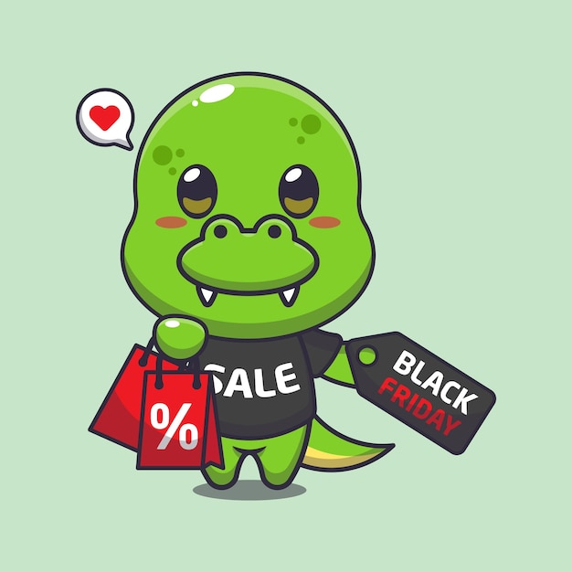 cute dino with shopping bag and black friday sale discount cartoon vector illustration