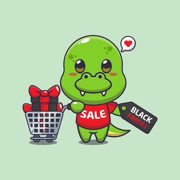 cute dino with shopping cart and discount coupon black friday sale cartoon vector illustration