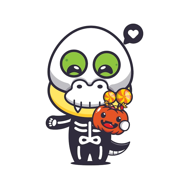 Vector cute dino with skeleton costume holding halloween pumpkin. 
cute halloween cartoon illustration.