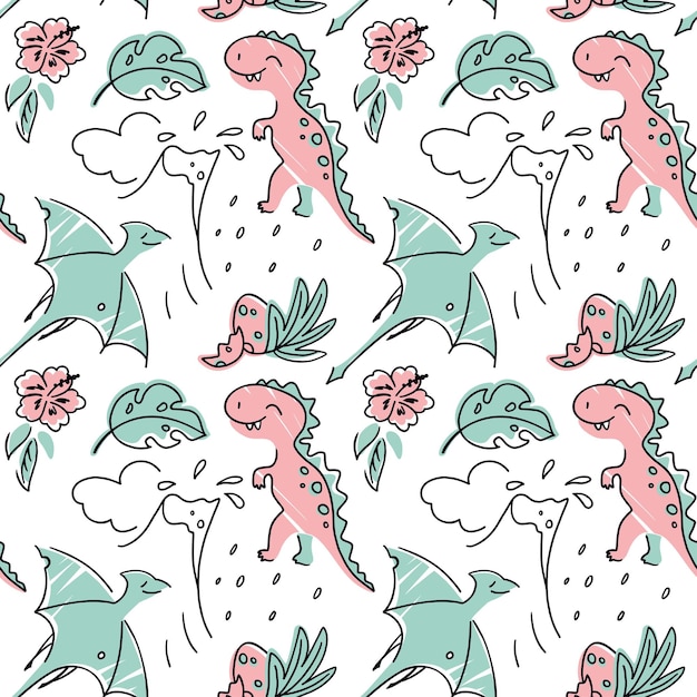 Cute dinos in exotic forest. Kids print. Seamless pattern. Vector