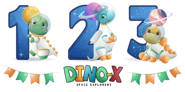 Cute dinosaur astronaut with numbering illustration set