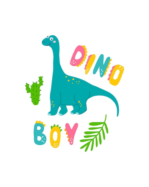 Simpatico dinosauro stampato brachiosaurus in stile piatto disegnato a mano con dino boy con lettere a mano