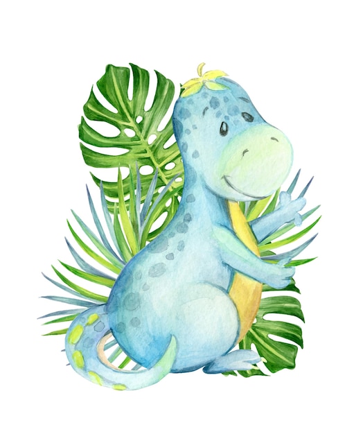 Dinosauro carino, sullo sfondo di foglie tropicali. clipart ad acquerello, su uno sfondo isolato, in stile cartone animato, per poster, decorazioni per bambini.