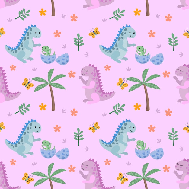 Vector cute dinosaur and butterfly seamless pattern.