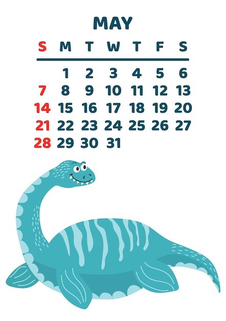 Симпатичный шаблон календаря динозавров для детей серии май