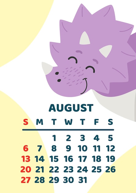 Vettore modello vettoriale del calendario dei dinosauri carino per la serie di bambini agosto