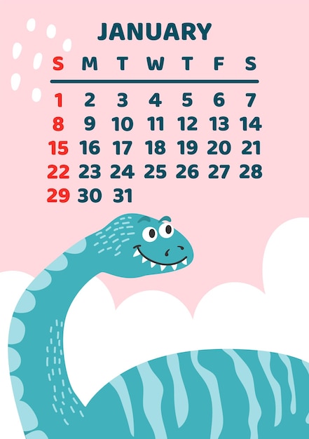 Modello vettoriale del calendario dei dinosauri carino per la serie di bambini gennaio
