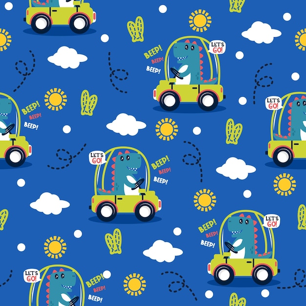 Cute dinosaur in car cartoon trendy pattern design concepts