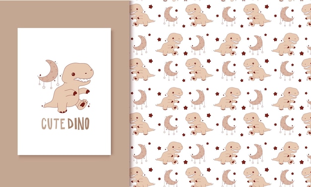 Cute dinosaur cartoon doodle pattern cute kid and baby seamless pattern and card
