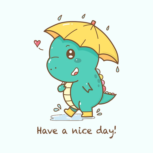 Cute dinosaur cartoon holding a umbrella in the rain.