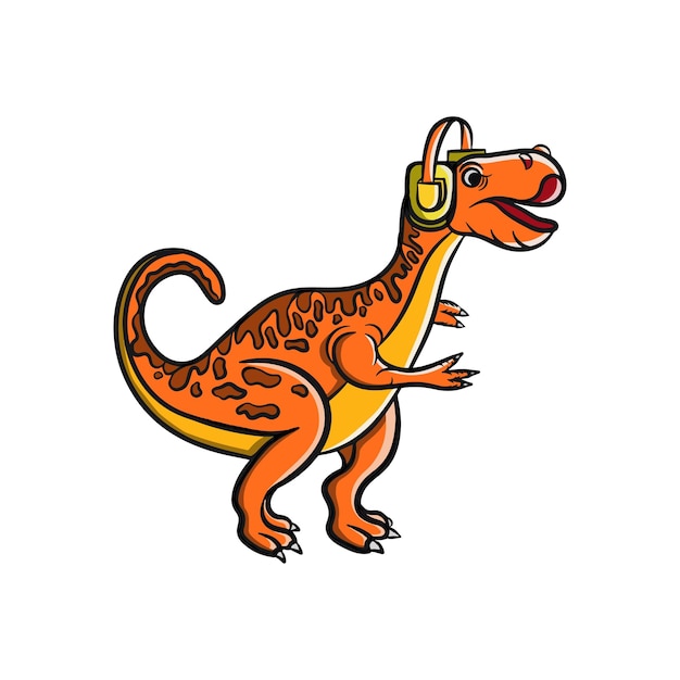 헤드폰을 쓰고 웃는 귀여운 공룡 만화 일러스트 디자인