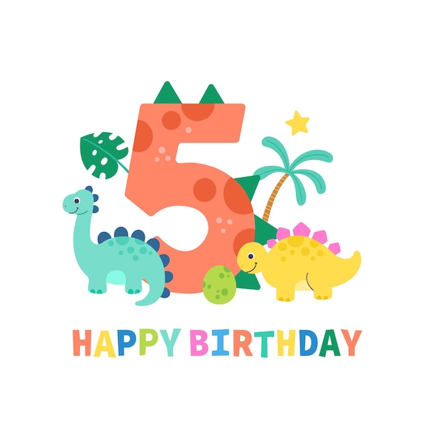 Vector cute dinosaur cartoon number five birthday illustration