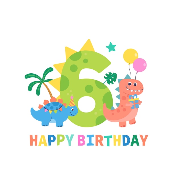 Vettore simpatico cartone animato dinosauro numero sei compleanno illustrazione