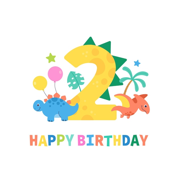 cute dinosaur cartoon number two birthday illustration