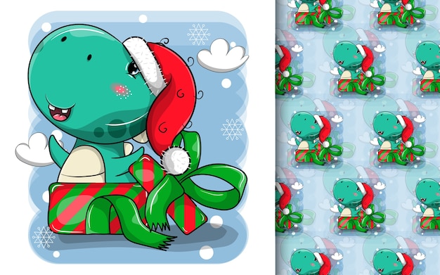 Simpatico cartone animato di dinosauro che indossa un cappello da babbo natale e nella confezione regalo