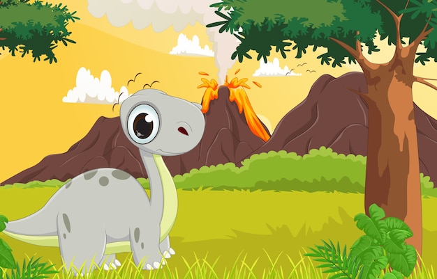 cute dinosaur cartoon with the prehistoric background
