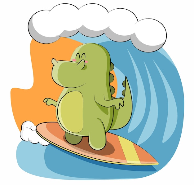 Cute dinosaur decided to surf the big waves