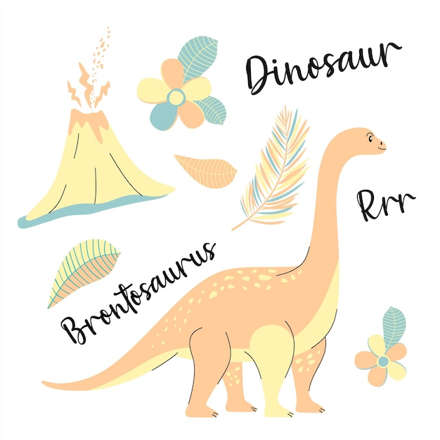 Симпатичный динозавр, нарисованный вектором на голубом для детской модной пальмы и вулканического бронтозавра