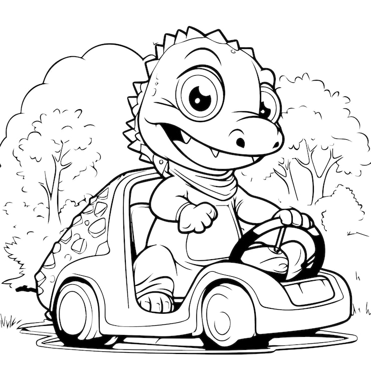Premium Vector Cute dinosaur driving a car go to forest coloring or page
