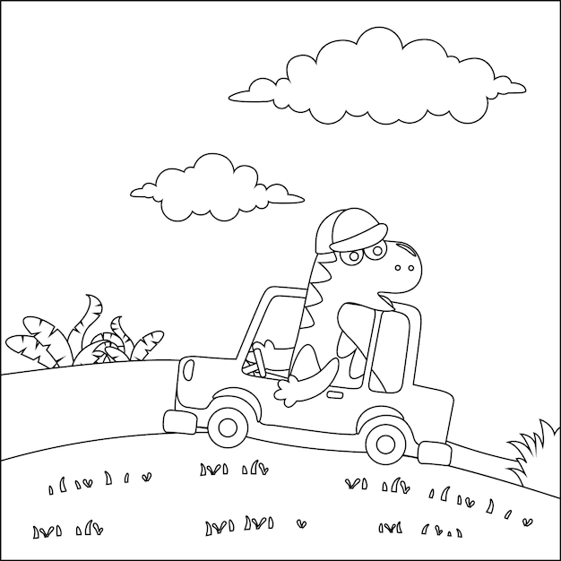 Cute dinosaur driving a car go to forest funny animal cartoon colouring book or page