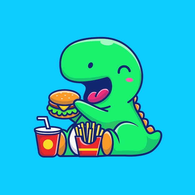 Vector cute dinosaur eating burger   icon illustration. dino mascot cartoon character. animal icon concept isolated