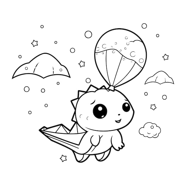 Cute dinosaur flying in the sky black and white vector illustration