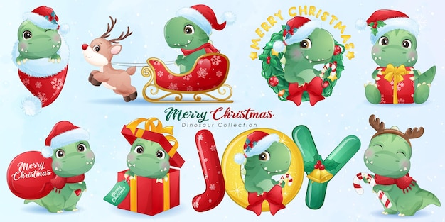 수채화 일러스트 세트와 함께 메리 크리스마스에 대 한 귀여운 공룡