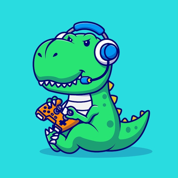 Vector cute dinosaur gaming cartoon vector icon illustration animal technology icon concept isolated flat