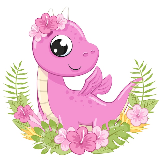 Ragazza carina dinosauro con fiori e una ghirlanda. illustrazione vettoriale di un cartone animato.