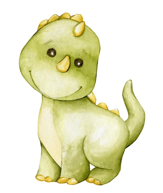 Cute dinosaur green color watercolor drawing fictional animal in cartoon style on an isolated background