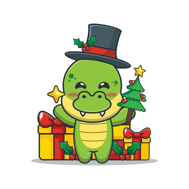 Vector cute dinosaur holding star and christmas tree cute christmas cartoon illustration