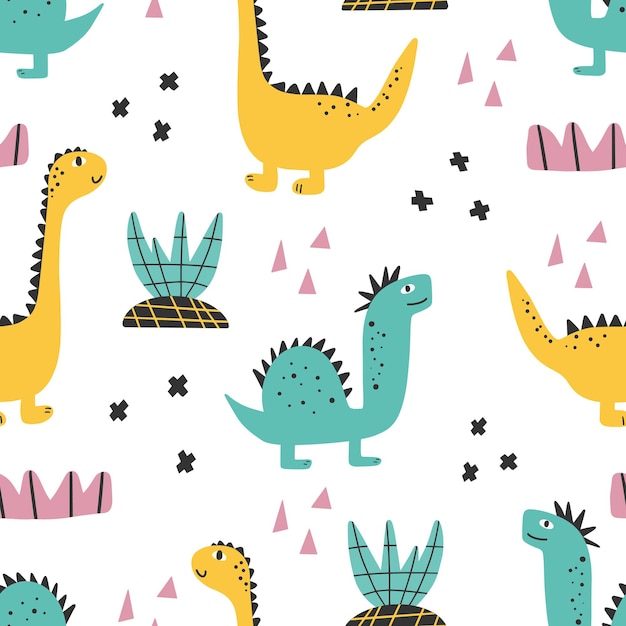 Cute dinosaur pattern - hand drawn childish dinosaur seamless print design Digital paper