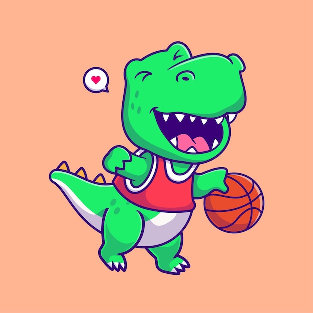 Cute Dinosaur Playing Basketball Cartoon Vector Icon Illustration Animal Sport Icon Isolated