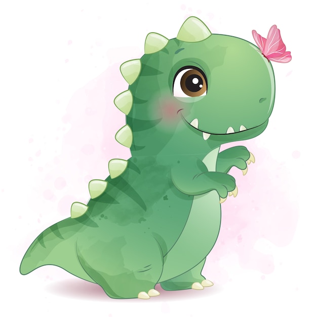 Premium Vector  Cute little dinosaur playing with butterflies