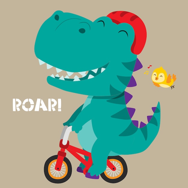 Vettore dinosauro carino in sella a una bicicletta. illustrazione