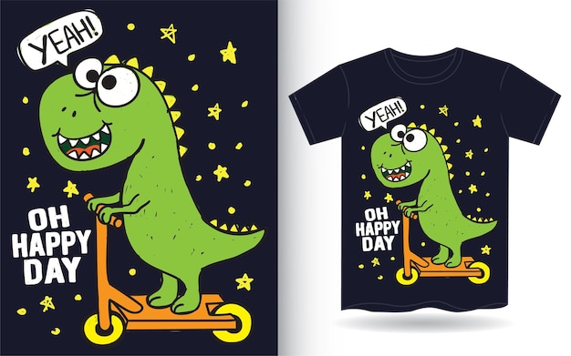 Vector cute dinosaur riding kick scooter hand drawn for t shirt