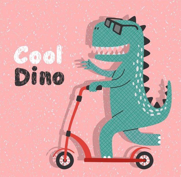 cute dinosaur riding kick scooter.