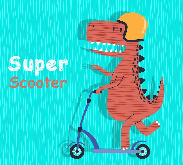 Vettore carino dinosauro che guida kick scooter.